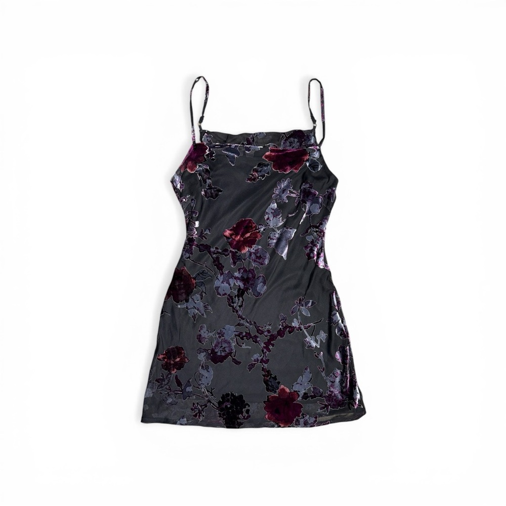 Lulus Fairy Burnout Floral Velvet Slip Dress in Charcoal and Plum Medium
